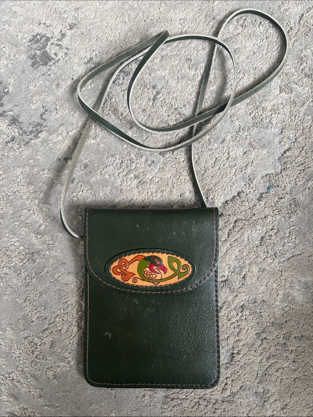 Dark Green Leather Crossbody Phone Cover with Decorative Oval Emblem
